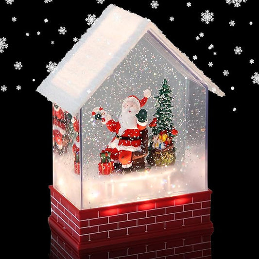 Eldnacele Musical Snow Globe House with Timer, Lighted USB/Battery Operated Swirling Singing Water Glittering Lantern, Christmas Snow Globes House Holiday Festival Decoration- Santa Claus