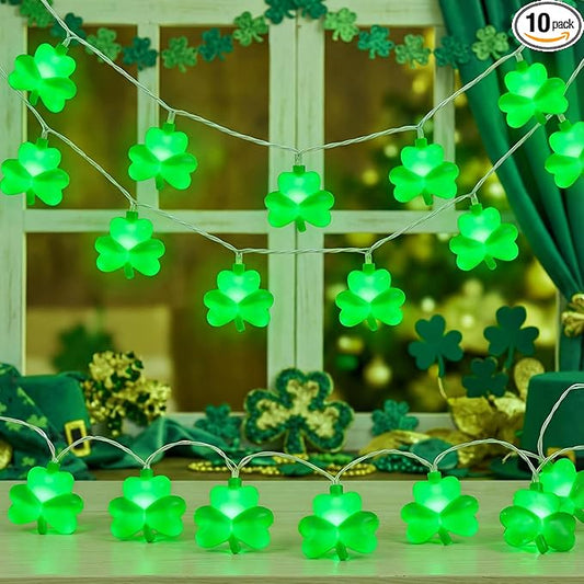 8.5Ft St patricks Day Lights Outdoor, Shamrock String Light Plug in with 10 LED Lucky Clover Lights, Green Clover for Irish Bedroom Home Garden Party Green Feast St. Patrick's Day Decorations