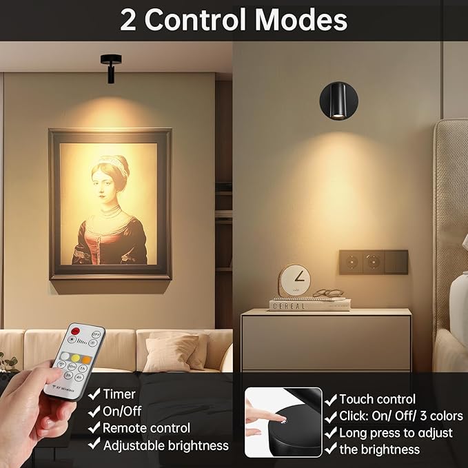 Spotlight Indoor, Wireless Uplighting Indoor with Remote Dimmable, 350° Rotate, Battery Powered Ceiling Spotlight for Artwork Painting Tree Plant Picture Lights, 2 Pack