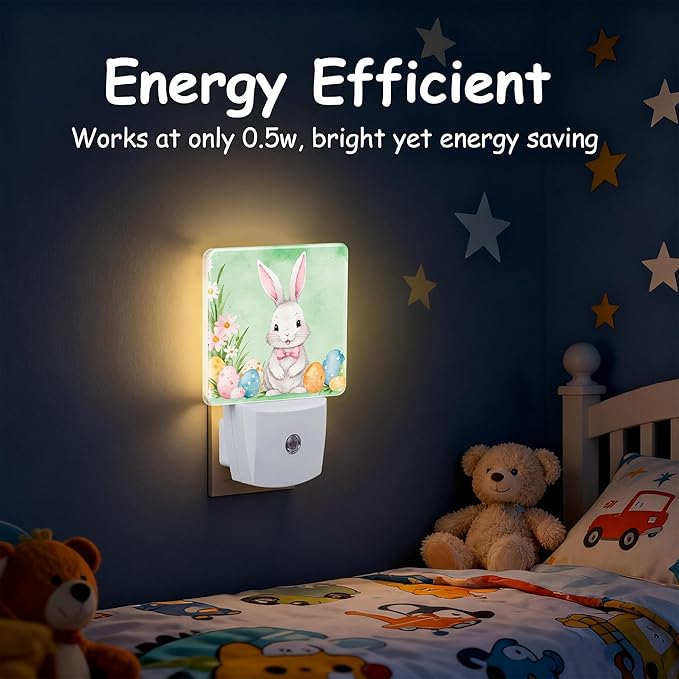Easter Bunny Eggs Floral Night Light for Kids,Dusk-to-Dawn Auto Sensor Easter Rabbit Flowers Plug in Night Light,0.5W Energy Saving Non-Toxic for Bedroom/Bathroom,Ideal Gifts for Women Men