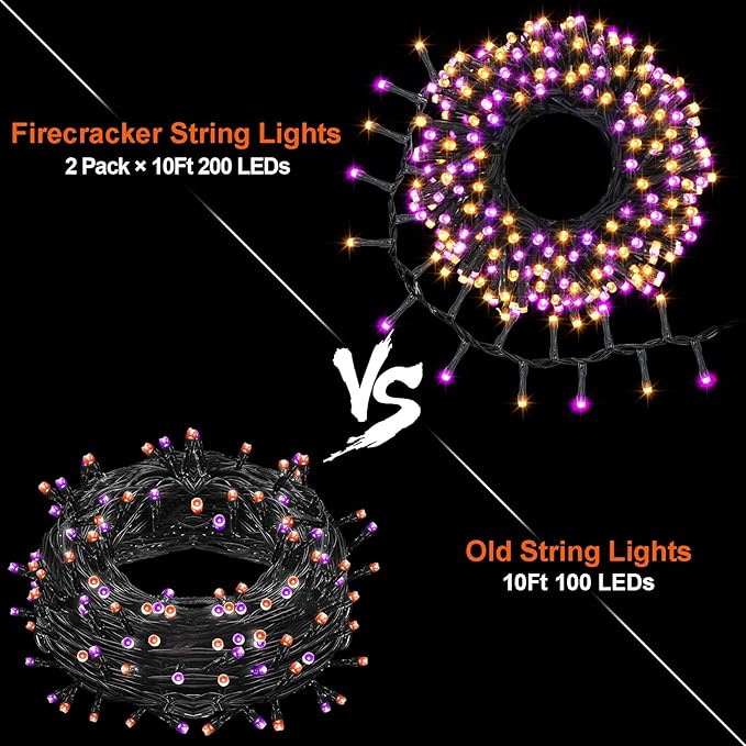 Purple Orange Halloween String Lights Battery, Total 20Ft 400 LED Cluster String Lights with Timer 8 Modes Firecracker Lights Outdoor Waterproof for Tree Home Decor
