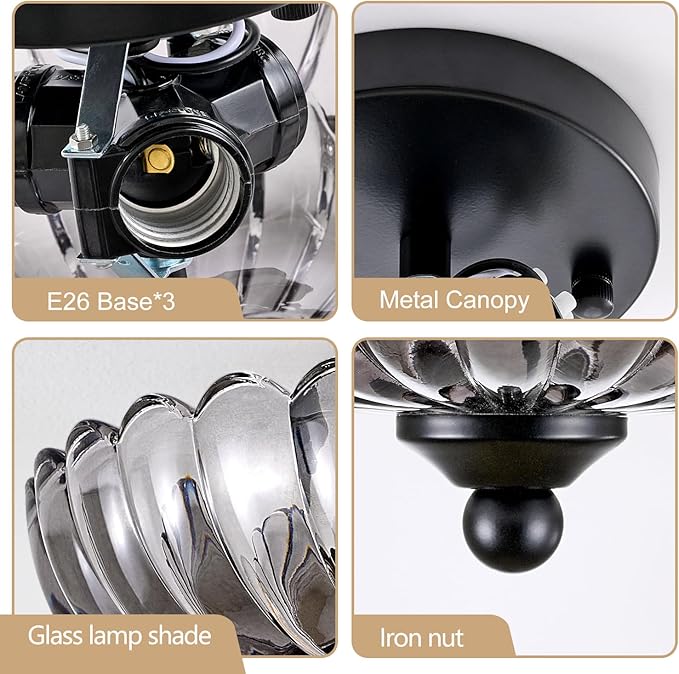 Modern Black Ceiling Light Fixture, 12" Grey Glass Flush Mount Chandeliers, Semi Flush Mount Ceiling Light Fixture Suitable for Living Room Hallway Kitchen Bedroom