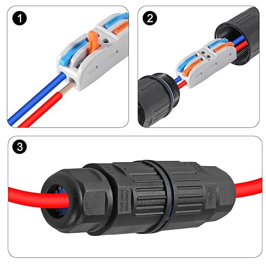 6pcs Upgraded Junction Box Outdoor Waterproof IP68, CDF 2P 2Pole Wire Connector, Replaceable Lever Wire Connectors for AWG 28-12, Quick Screwless Installation Black (2PIN)