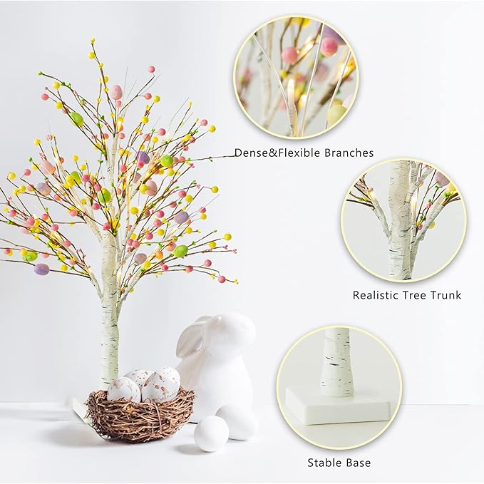 Ethlomoer Easter Decorations, 2 Pcs 25 Inch Pre-Lit Easter Egg Tree with Timer, Battery Powered Easter Birch Tree with 24 LED Lights, Easter Trees for Home Party Wedding Holiday Spring Decoration