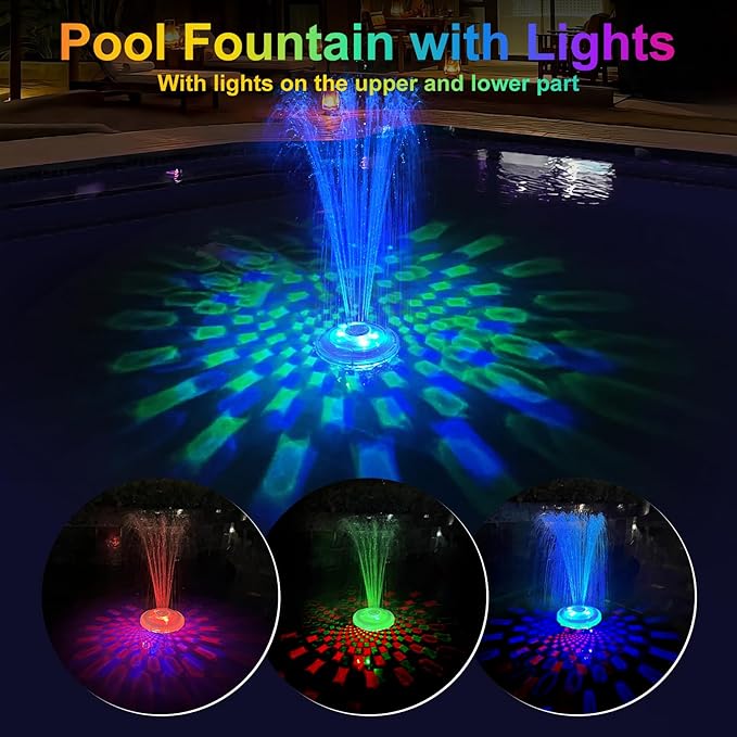 Floating Pool Fountain with Underwater Light Show,Pool Water Fountains Pool Fountains with Anchor,2 Spray Modes Swimming Pool Fountain Pump,Pool Fountain for Inground Above Ground Pools-1PC