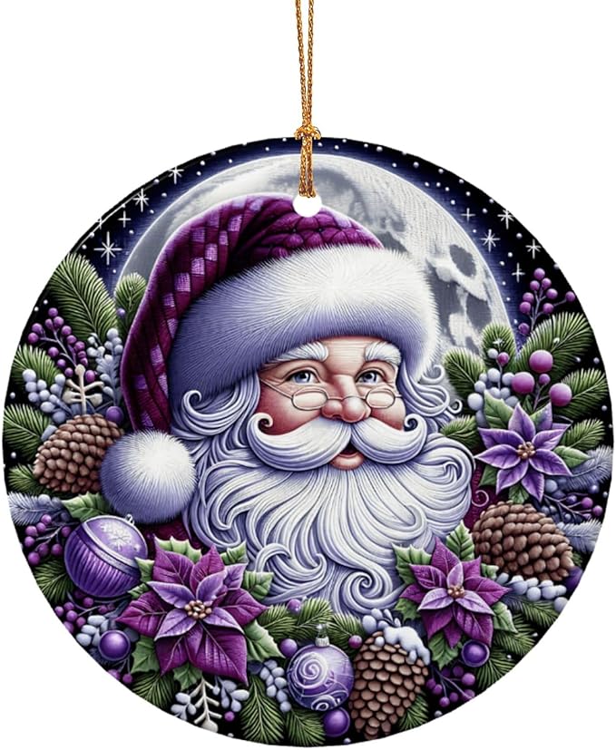Merry Christmas Santa Claus Purple Christmas Ornaments, Christmas Decorations Xmas Tree Hanging Ornaments, Round Ceramic Festive Keepsake Gift for Xmas Decorations Holiday Home Decor