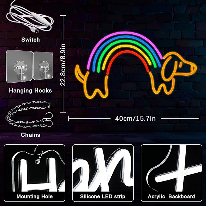 Rainbow Dachshund Neon Sign for Wall Decor Dimmable Dog Neon Light Cute Puppy Neon Light Sign Rainbow Light Signs for Pet Shop Kid Room Bedroo Dog Lovers Pride Gifts