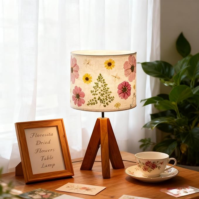 Dried Flowers Tripod Table Lamp 14.56in, 9W LED Dimmable Cute Bedside Lamp with Flowers Linen Lampshade for Nursery, Bedroom, Kid Room, Living Room, Light Brown Wooden Base