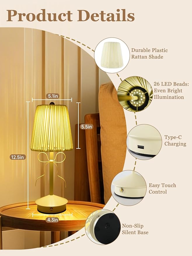 Boho Bow Rattan Table Lamp, Cordless Wicker Woven Vintage Table Lamp - LED Rechargeable Touch Control 3 Color Dimmable Reading Bedside Lamp for Bedroom Living Room Office, Home Outdoor Decor