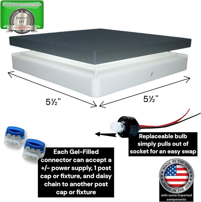 DekLights® DIY Line LED Lighted Post Cap for 6x6 Wood Posts (True 5.5"x5.5"). Our 12volt Low Voltage with Replaceable LED Bulb. for Your 6x6 Fence Posts (Black & White Cap 3000k Bulb)