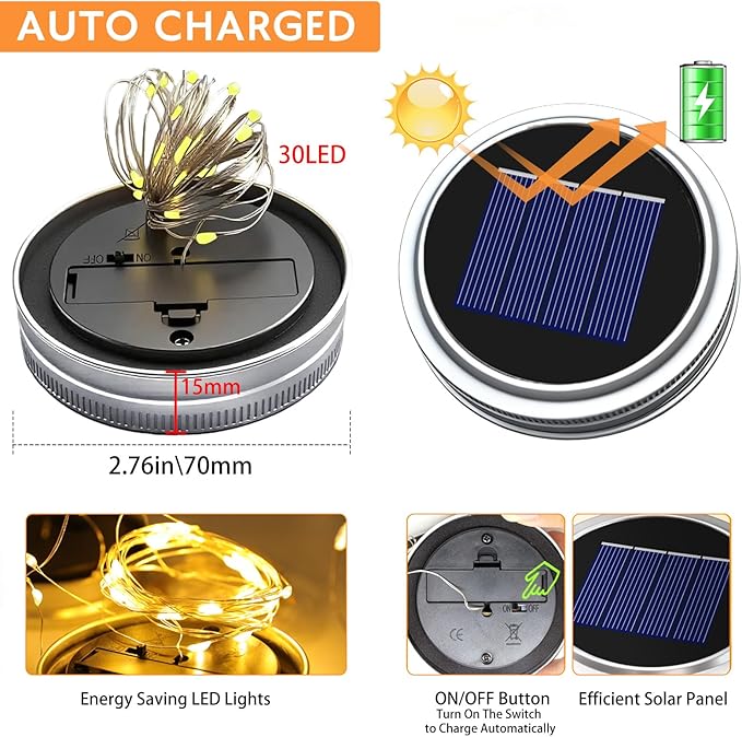 12 Pack Solar Mason Jar Lights for Outside, 30 LED Solar Mason Jar Lids Fairy Lights with 12 Hangers(No Jars) Outdoor Waterproof for DIY Patio Garden Yard Lawn Party Wedding Decoration Warm White