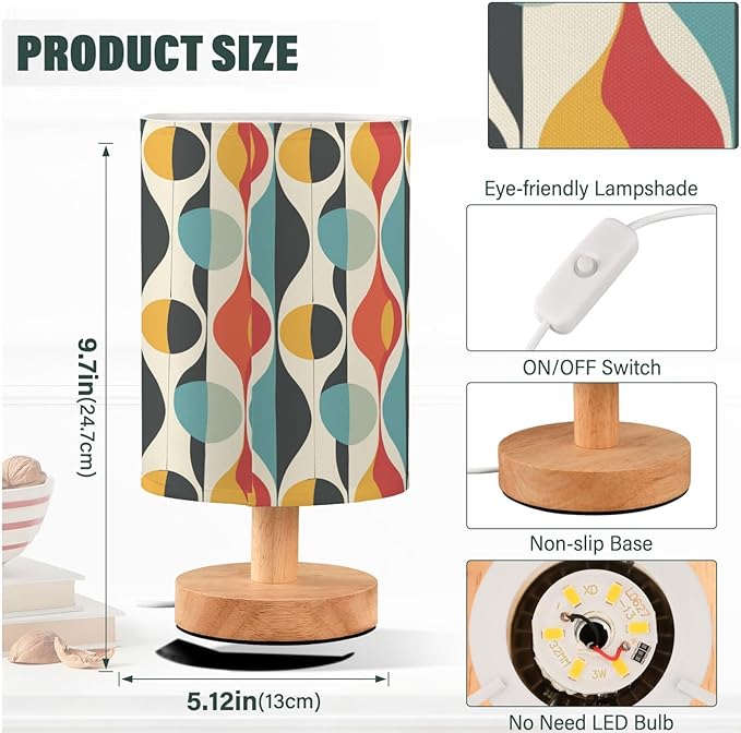 Abstract Mid-century Colorful Table Lamp for Bedroom USB Port Lamps Small Accent Table Lamp Nightstand Lamp Sturdy Linen Shade Wooden Base Decorative Lamps for Bedside Reading|Kids|Dorm|Home