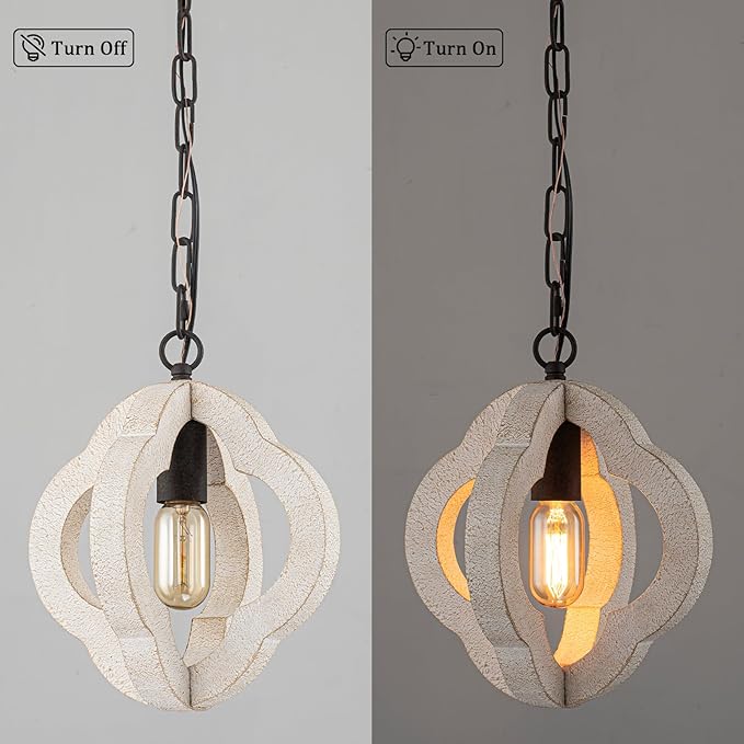 9.84" Modern Farmhouse Wood Pendant Lights Kitchen Island Orb Distressed White Oak Pendant Light Rustic Ceiling Hanging Light for Kitchen Sink Dining Room Hallway Entryway Foyer Adjustable Chain E26