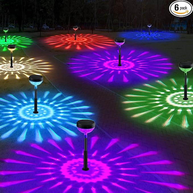 6Pack Solar Pathway Lights Outdoor, Color Changing+8 Fixed Color (Warm White, Cool White, Colored) Solar Lights Outdoor, Bright Solar Powered Garden Light