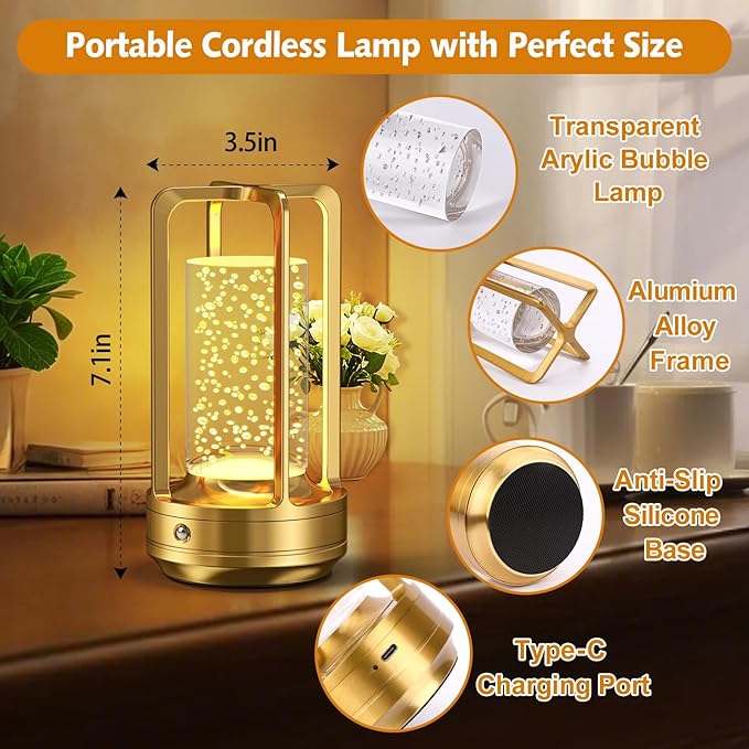 Portable Table Lamp for Outdoor Indoor: Cordless Rechargeable Desk Lamp with 3 Color Stepless Dimmable - Metal Battery Operated Lantern Light for Bedroom/Bar/Coffee Shop/Camping (Gold Bubble+RGB)