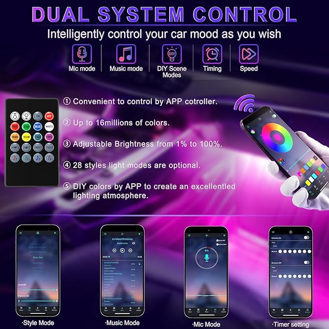 LivTee Interior Car LED Lights, Smart RGB Ambient Lighting with App & Remote Control, Music Sync & DIY Modes, 4-Line Design LED Strip Lights, 12V Cigarette Lighter Powered, Car Accessories for Women
