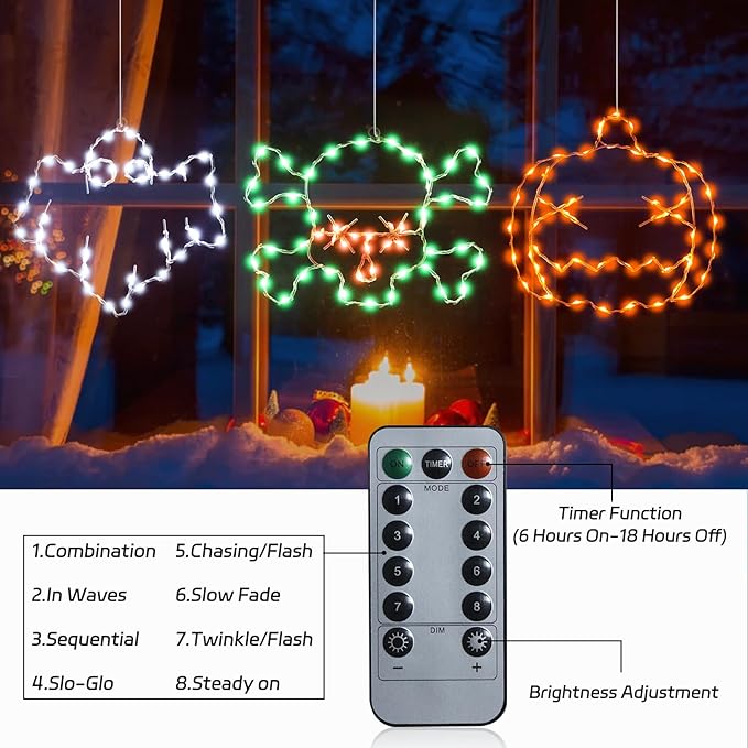 Halloween Decorations Lights 3 Packs, USB or Battery Powered Halloween Ghost Skeleton Skull Decor String Lights, 8 Modes Remote Control with Timer, Outdoor Indoor Home Party Gift