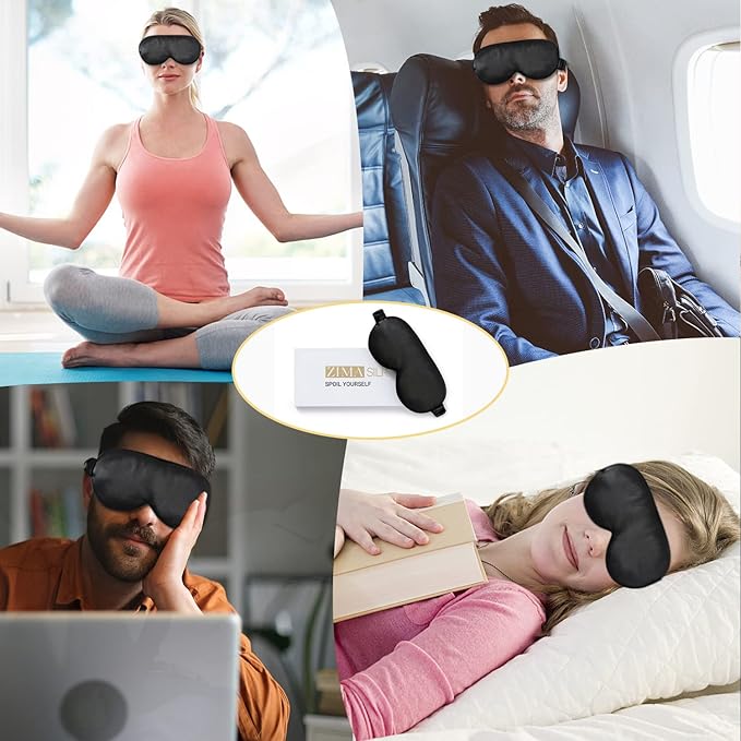 ZIMASILK Adjustable 22 Momme 100% Pure Mulberry Silk Sleep Mask, 3D Contoured Cup Eye Mask for Sleeping, Super Soft Breathable Blindfold, Perfect Blocks Light for Sleeping (Black)