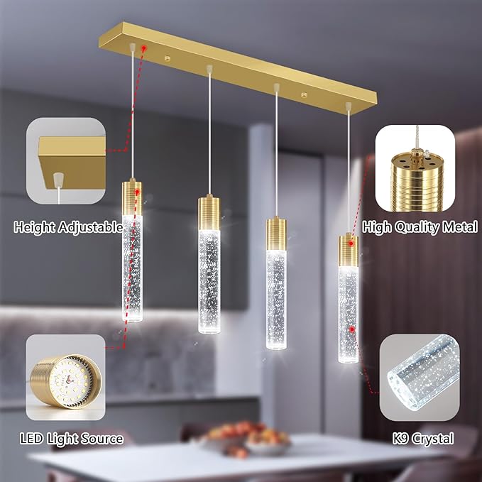 4-Lights Modern Crystal Chandeliers for Kitchen Island Mini Pendants Lighting Fixture LED Ceiling Light for Dining Room Living Room 6000K