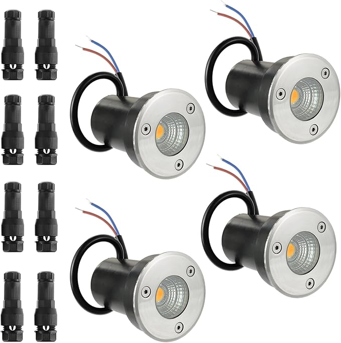 4 Pack Low Voltage Landscape Lights Well Lights 12-24V IP67 Waterproof In Ground Light and Outdoor Landscape Lighting for Garden Yard Driveway Deck Step Up Light with Connectors(Warm White)