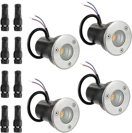 4 Pack Low Voltage Landscape Lights Well Lights 12-24V IP67 Waterproof In Ground Light and Outdoor Landscape Lighting for Garden Yard Driveway Deck Step Up Light with Connectors(Warm White)