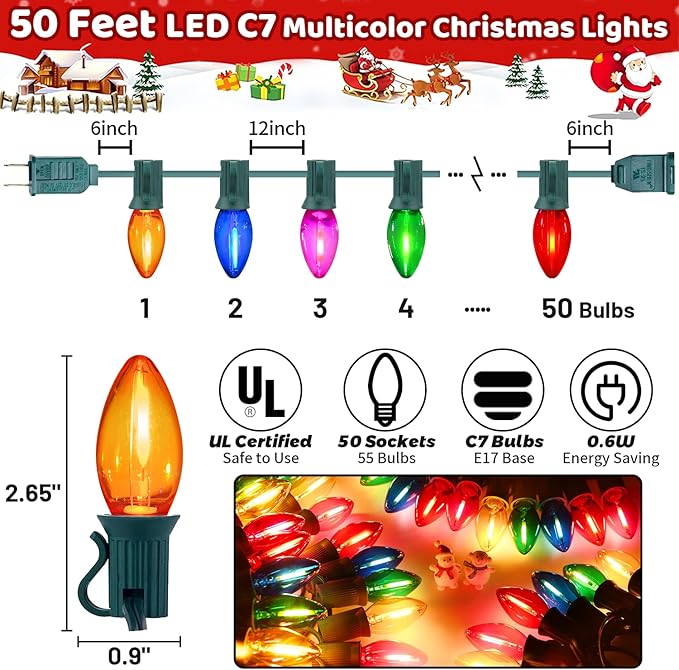 50 Feet Multi-colored C7 LED Christmas Lights Outdoor Colored Christmas Lights Waterproof with 50 + 5 Pack Energy Efficient C7 LED Bulbs (0.6W = 7W) for Colorful Xmas House Stairs Porch Tree Decor