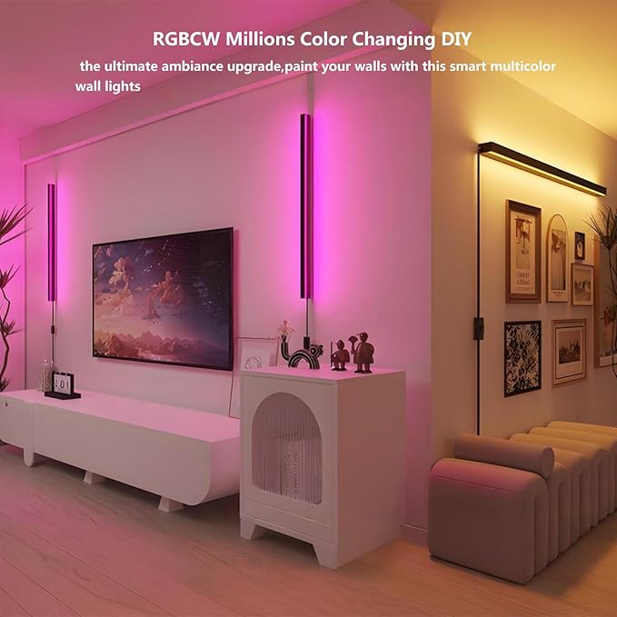 Smart LED Wall Sconce Alexa & Google Home Compatible, 35.4" Plug-in/Hardwire RGBCW Wall Mount Light Bar, Color Changing & White Dimmable, Modern Wall Lamp for Bedroom, Living Room Decor, 1pcs