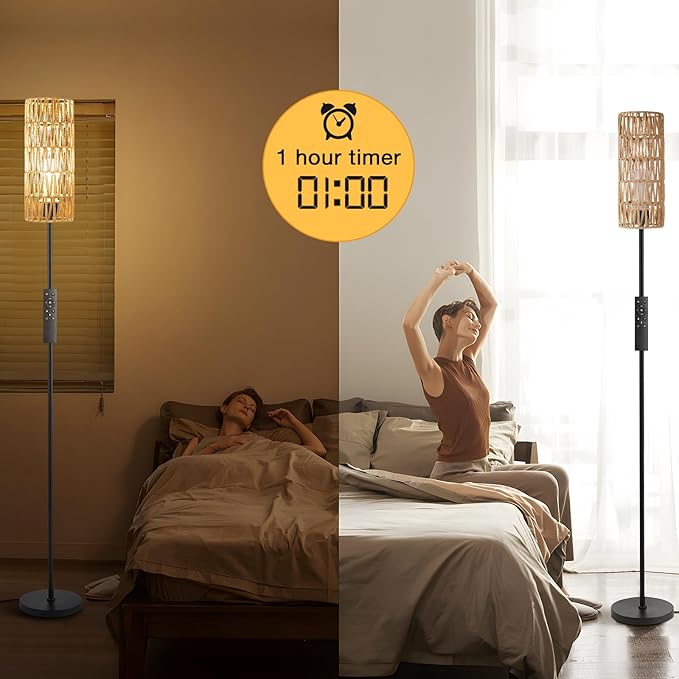 Ambimall 64'' Floor Lamps for Living Room with Remote Control and Stepless Dimmable Colors Temperature & Brightness, Boho Black Standing Lamp with Beige Rattan Shade