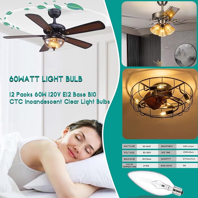 E12 60 Watt Incandescent Candle Light Bulbs, Chandelier Light Bulbs for Ceiling Fan, Vanity, Outdoor - Warm White 2500K, 500 Lumen Dimmable B10 Clear Candelabra Base Bulbs (12 Pack)