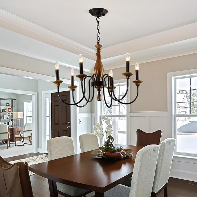 Farmhouse Wood Chandelier for Dining Room Rustic Candle Ceiling Chandelier Black Adjustable Hanging Light Fixture for Kitchen Living Room Foyer Entryway