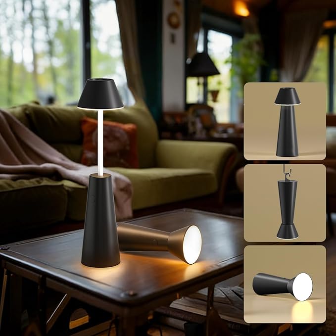 Cordless Rechargeable Table Lamp with Adjustable Height, Portable LED Desk Light with Smooth Dimming 2 Color Modes, Handheld Battery Operated Lamp for Bedroom, Dining, Camping, Desk, Outdoor (Black)