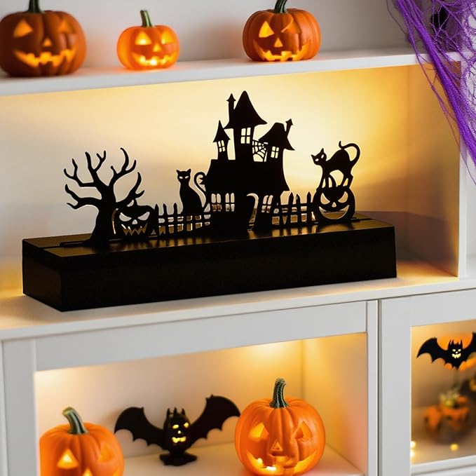 Halloween Table Decor Led Lights Silhouette Decoration Metal Horror Pumpkin Battery Operated Indoor Decoration for Tabletop,Party, Home, Window