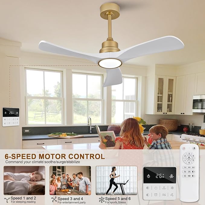 White Gold Ceiling Fans with Lights,42 inch Solid Wood Ceiling Fan with Remote Control,Wall Switch,Dimmable,Reversible,Power Off Memory Modern Ceiling Fan for Bedroom Patio Indoor/Outdoor Use