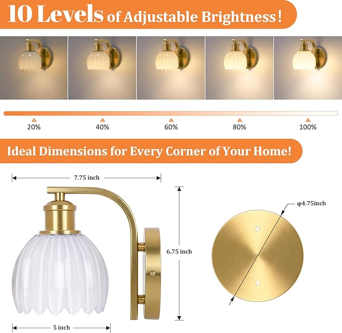 Rechargeable Battery Operated Wall Sconce with Milky White Glass Lampshade, Wireless Wall Scone Decor with Remote Control, 15 Colors Gold Wall Light for Bedside Hallway Bedroom Doorway
