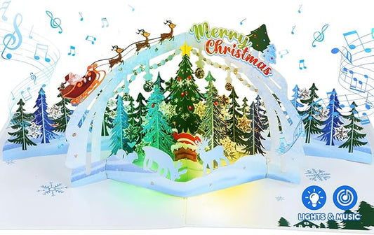 FaCraft Musical Christmas Cards, with Lights and Music, 15.4 x 10.4 inch Handmade 3D Large Pop Up Christmas Card, with Envelope Blank Insert and Seal for Winter Holidays New Year (Woodland)