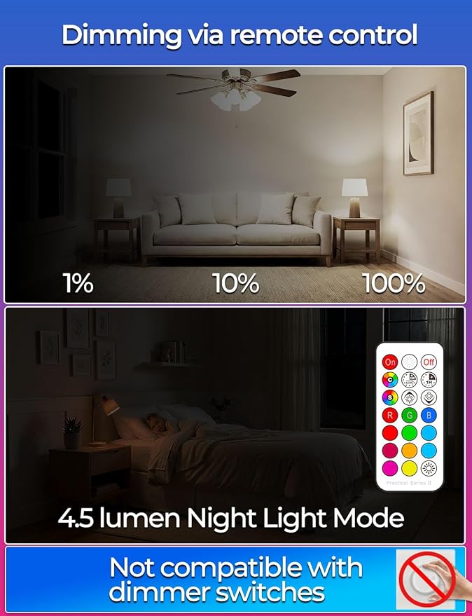 ILC RGB LED Light Bulb, Color Changing 40W Equivalent, 5700K Daylight White, 450LM 5W E26 Screw Base RGBW, Mood Light Bulb - 12 Color Choices - Timing Infrared Remote Control Included (4 Pack)