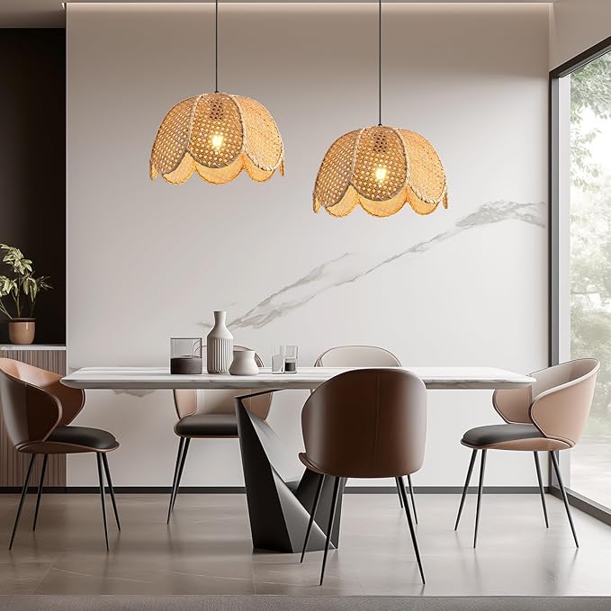 15.75" Rattan Pendant Light Boho Natural Rattan Hanging Lamp,1-Light Hand-Woven Flower Shaped Ceiling Chandelier for Dining Living Bedroom Kitchen Farmhouse