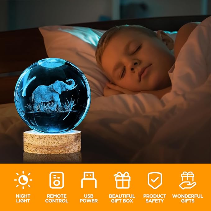 3D Elephant Crystal Ball Night Light 3.15 inch Glass Ball Lamp with 16 Color Changing Wooden Base and Remote Control Elephant Gifts for Kids Friends Birthday Christmas Room Decor