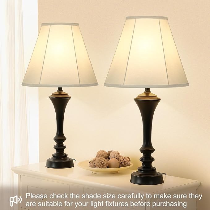 White Lamp Shades Set of 2, Bell Lamp Shades 6"Top x 13"Bottom x 10"High, Medium Shade Replacement Fabric Natural Linen Hand Crafted(Spider Fitter), Harp Holders Included, Easy Assembly Required