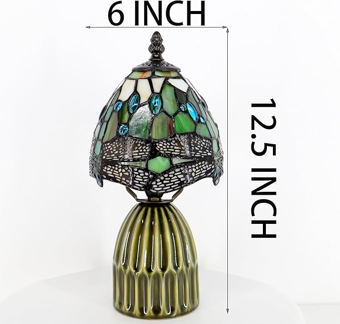 Tiffany Lamp Stained Glass Mushroom Table Lamps 6X6X12.5 Inch Amber White Dragonfly Style Small Night Light Ceramic Base Mini Accent Desk Light Suitable for Bedside Table Bedroom Children Room