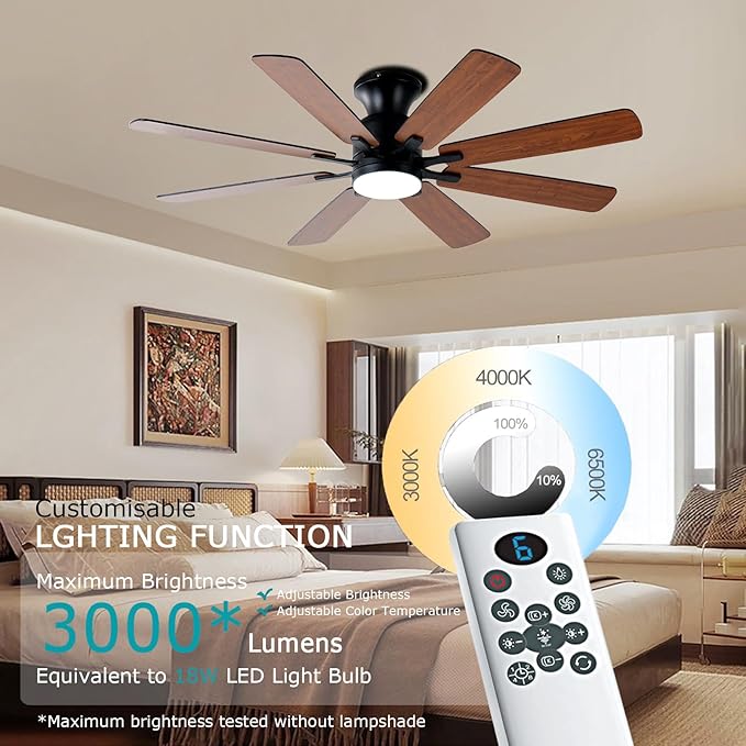 KNUN 52 Inch Ceiling Fan with Light, Low Profile Ceiling Fan with Remote and APP Control, 8 Blades, Noiseless, DC Motor, Flush Mount Ceiling Fans for Bedroom Living Room, Indoor/Outdoor Brown