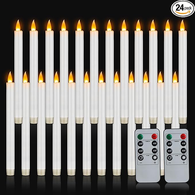 Flameless Taper Candles 10" Dripless Battery Operated Taper Candles Included Remote Timer 400+ Hours by 2AA Batteries for Halloween Christmas Wedding (White, 24 Pack)