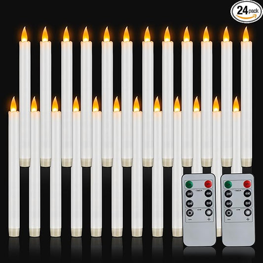 Flameless Taper Candles 10" Dripless Battery Operated Taper Candles Included Remote Timer 400+ Hours by 2AA Batteries for Halloween Christmas Wedding (White, 24 Pack)
