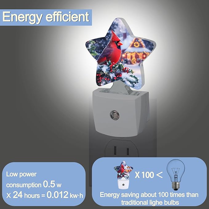 Winter Red Cardinal Dusk to Dawn Star Night Light,Christmas Tree Smart Sensor Nightlight for Bedroom Kitchen Hallway Stairs,Plug-in Energy Efficient Decor Desk Lamp Women Men Gifts
