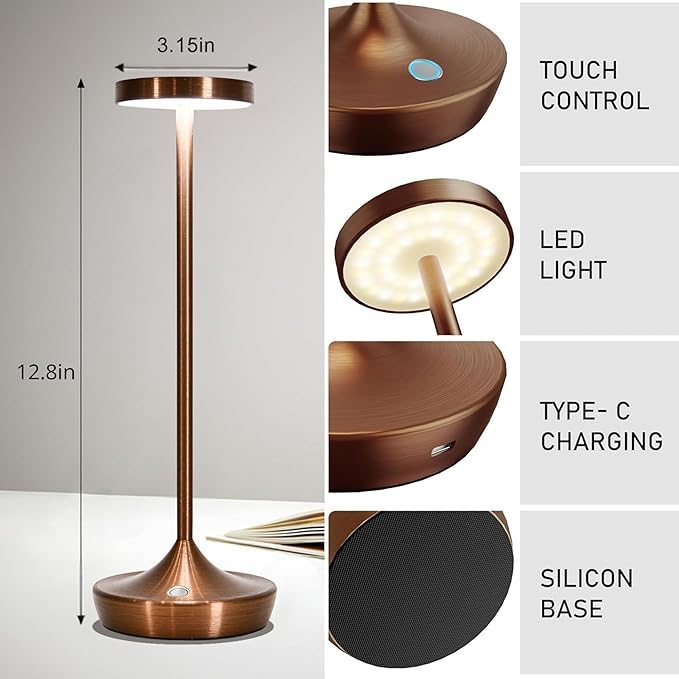 Cordless Table Lamp Rechargeable - 6000mAh LED Battery Operated Table Light - Portable Touch Dimmable Outdoor Waterproof Table Lamps for Patio Bar Restaurant Dining (2 Brown)
