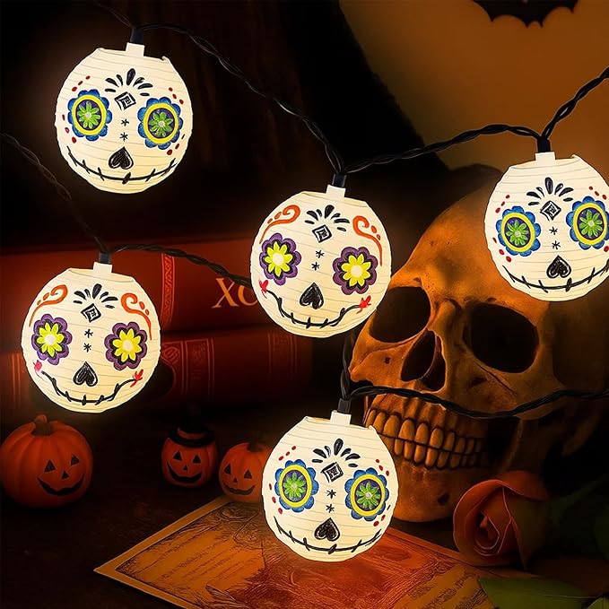 Halloween Jack Skellington Ghost Lights, 8.5FT Connectable String Lights with 10 LED Nylon Lanterns, Indoor Outdoor Halloween Decorations for Bedroom, Party, Fireplace, Yard