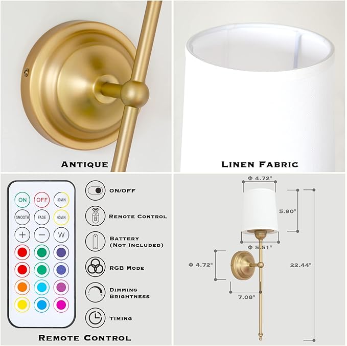 HEQIQEH Rustic Vintage Battery Operated Wall Sconce Light Fixture with Remote Control, Flared Funnel Linen Fabric Shade Dimmable Nightstand Lamps for Bedside Bedroom Living Room (Antique-1)