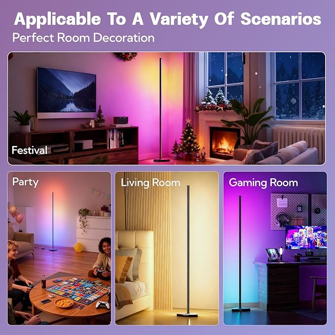 RGBICWW Corner Floor Lamp,3000 Lumen Smart Modern Floor Lamp with 16 Million DIY Colors and App & Remote Control with Music Sync Color-Changing Ambient Lighting for Living Room Lighting, Party
