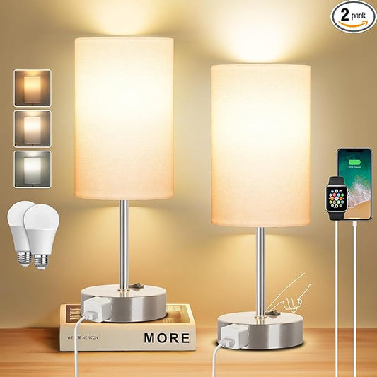 ZJOJO Table Lamp for Bedroom Set of 2, Bedside Small Lamps with 3 Way Dimmable Rocker Switch and AC Outlet, Nightstand Desk Lamp with White Fabric Shade Nickel Base for Living Room Home Decor Lights