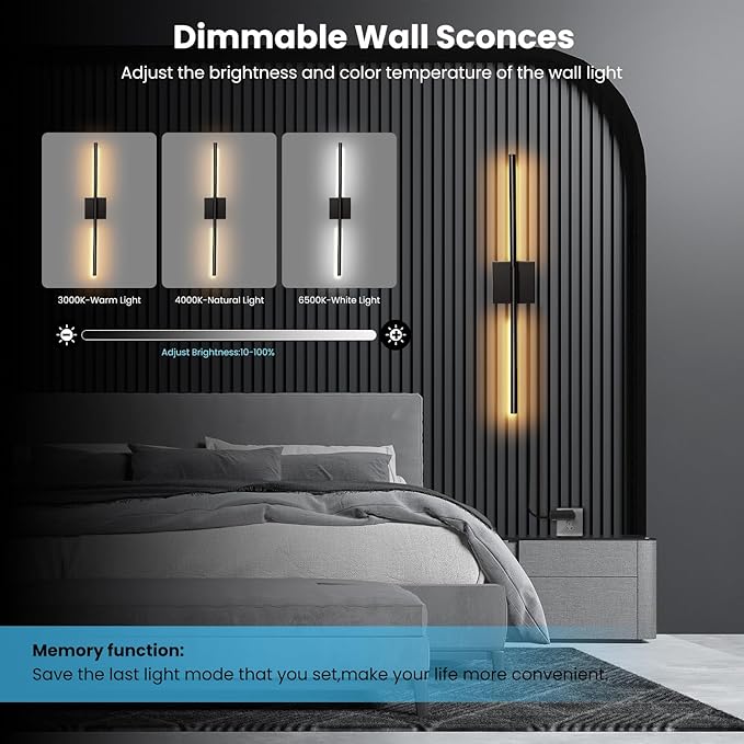 Lichaser Plug-in Black Wall Sconces for Acoustic Wood Panels, WiFi LED Sconce Lights Compatible with Alexa and Smart App, 3000K-6500K Color Temperature Adjustment, for Slat Wall Panels (Set of 2)